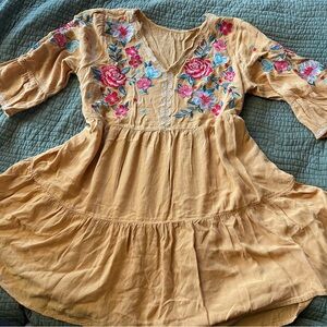 Gold Mustard Floral Babydoll Boho Bohemian Dress Unbranded